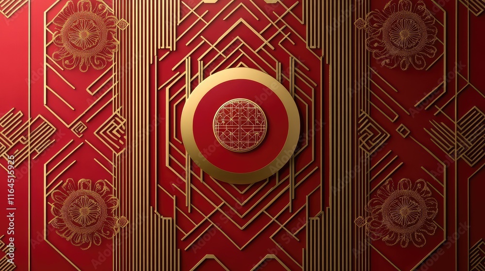 Fototapete modern chinese new year design with symmetrical geometric patterns in red and gold, symbolizing good