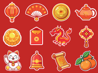 Chinese new year elements sticker collection isolated on the red background