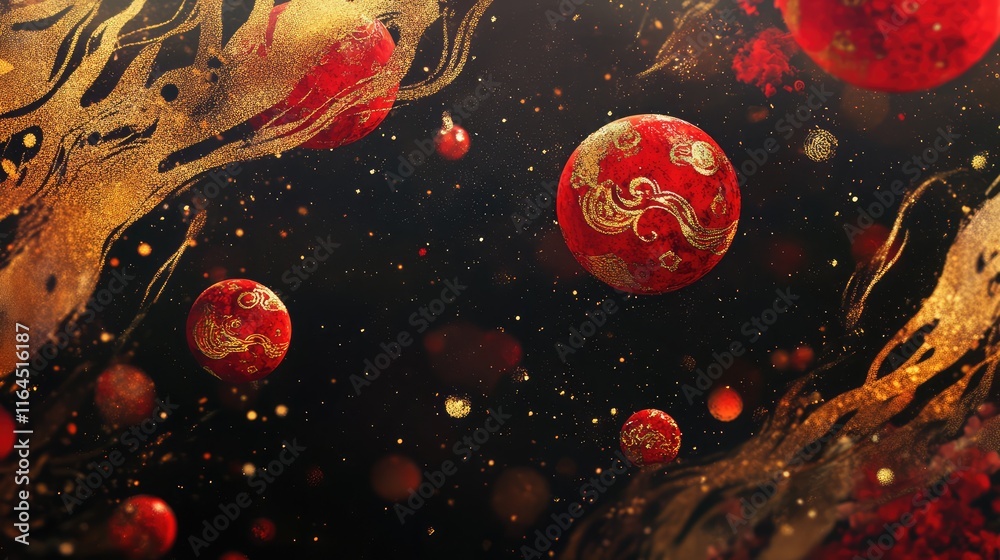 Fototapete modern chinese zodiac abstract patterns with vibrant red and gold zodiac symbols floating in motion.