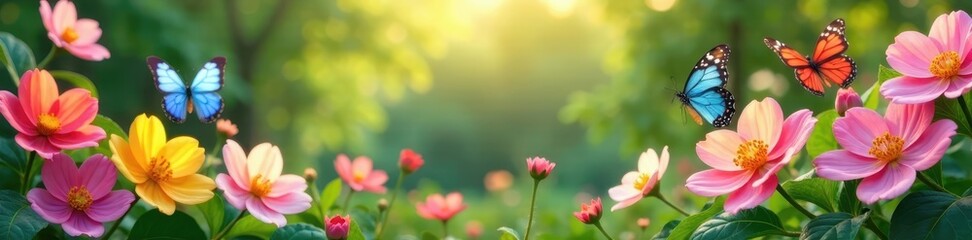 Naklejka premium Colorful blossoms and butterflies in a garden, petals, greenery