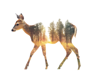 Isolated Fawn Silhouette with Forest Sunset Double Exposure