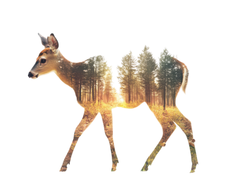 Isolated Fawn Silhouette with Forest Sunset Double Exposure - Powered by Adobe