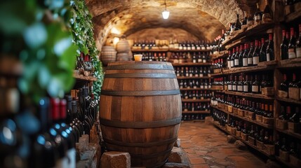 Fototapeta premium Cozy wine cellar featuring wooden barrel and shelves filled with bottles in a rustic ambiance