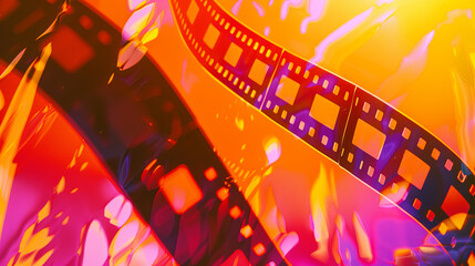 A close up of a film strip with a red background