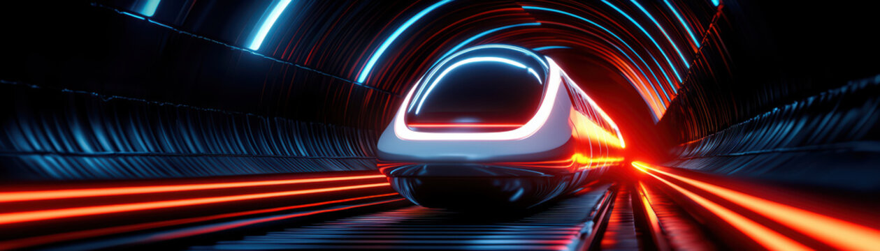 High-tech high-speed train. futuristic hyperloop train in glowing tunnel