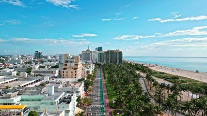 Ocean drive avenue. Miami beach travel destination. Miami South Beach in Ocean Drive. Aerial view on Miami beach, USA. Landscape aerial view. Travel to Florida in summer. Famous Ocean Drive hotels