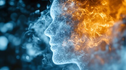 Abstract portrait of a face engulfed in fire and ice