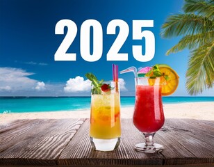 Carte de vœux 2025 tropical plage et cocktails