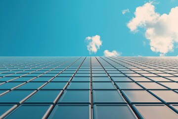 Modern Skyscraper Reflection Under Bright Blue Sky with Clouds
