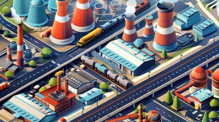 Isometric illustration of an industrial complex with factories, transportation, and infrastructure.