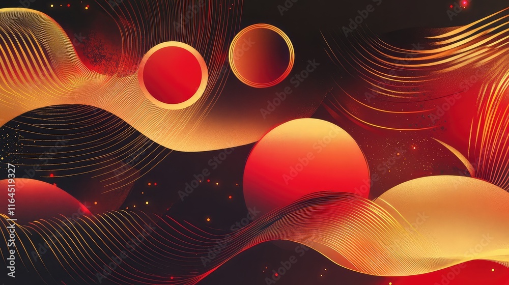 Fototapete modern lunar new year design with bold geometric shapes in red and gold tones and glowing highlights