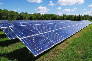 Solar Panel Array on Green Field Under Bright Blue Sky