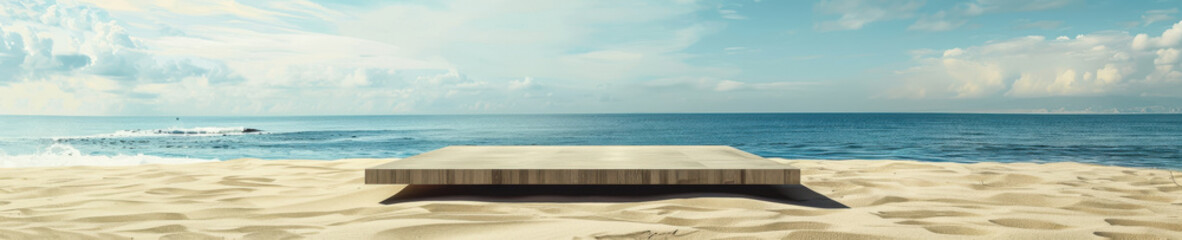 Minimalist podium set against the serene backdrop of a sandy beach with the calm ocean and gentle breeze in the air. The clean design of the podium contrasts harmoniously with the peaceful beach.