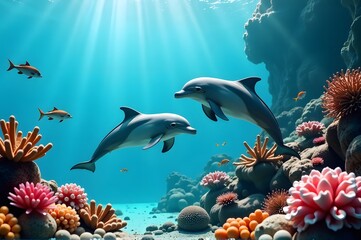 Obraz premium Playful Dolphins Near Vibrant Coral Formations