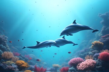 Fototapeta premium Dolphins Gliding Above Diverse Coral Ecosystem