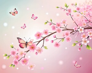Fototapeta premium Beautiful pink cherry blossom branch. Flat space for text. Cherry petals and buds are falling.