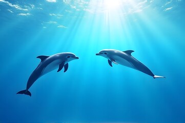Fototapeta premium Playful Dolphins in Sunlit Underwater Scene