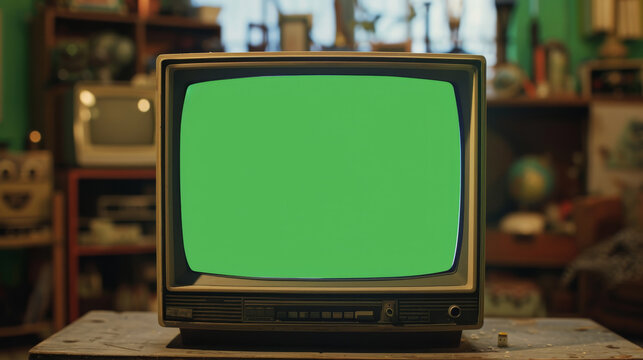 A green screen television sits on a table in a cluttered room