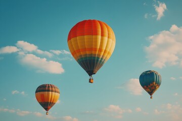 Hot air balloons ascending in the morning sky above a scenic landscape at sunrise
