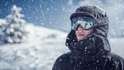 Handsome man with shades wearing a thick black winter jacket in the white snow mountain during the cold winter seasons where it snows heavily