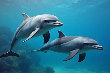 Obraz premium Curious Dolphins Underwater in Clear Blue Ocean