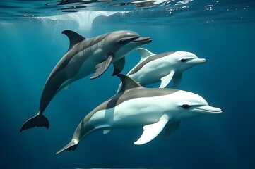 Obraz premium Pod of Dolphins Swimming in Clear Blue Ocean