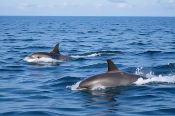 Fototapeta premium Wild Dolphins Surfacing in Open Ocean Waters