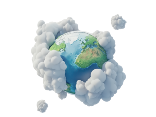 Isolated Earth with Clouds Surrounded by Cloud Spheres