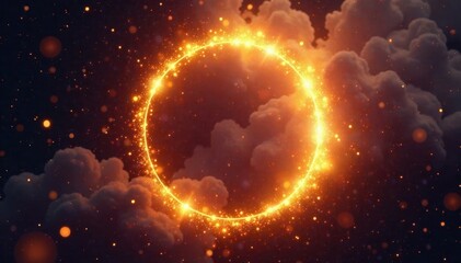 Glowing golden circle surrounded by sparkles in a mystical aura, radiance, luminous, divine