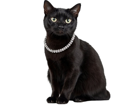 Isolated Black Cat with Diamond Necklace