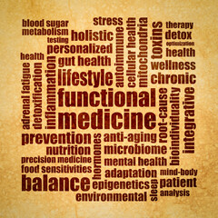 Functional medicine, holistic approach to health, word cloud on art paper