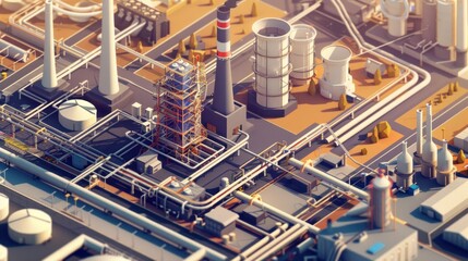Fototapeta premium Isometric view of an industrial refinery complex with pipelines and storage tanks.