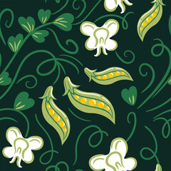 This seamless design showcases elegantly illustrated pea pods and flowers in a flat style. Its delightful vector art brings a vibrant, organic feel, making it ideal for textiles, wallpaper, and
