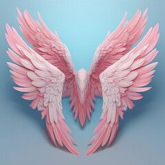 Obraz premium A pair of symmetrical pink angel wings spread wide against a light blue background, creating an ethereal and delicate appearance.