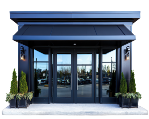 Isolated Building with Black Awning and Greenery