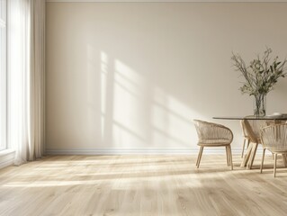 A large empty room with a white wall and a wooden floor. A table with four chairs is in the room