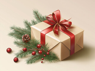 Festive gift with red ribbon and holiday greenery illustration