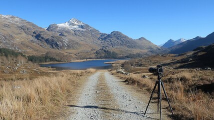 Scenic mountain lake view photographed from a gravel road.