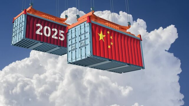 Trading 2025. Freight container with China national flag. 3D Rendering 