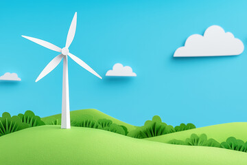 Fototapeta premium Renewable energy concept. paper art composition of wind turbine in landscape