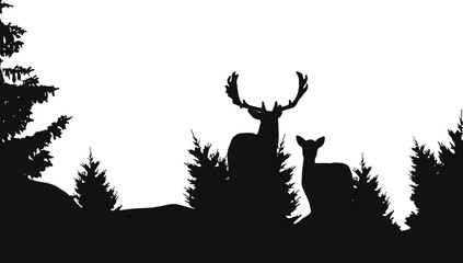 Deer and hind in a mountain landscape with coniferous forest and trees, Vactor, animal sunset, African Elephant in wilderness at Sunset, Vector illustration of mountain landscape © DoIt