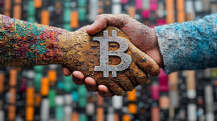 Digital Handshake With Bitcoin Symbol Cryptocurrency, Fintech, And Investment Collaboration