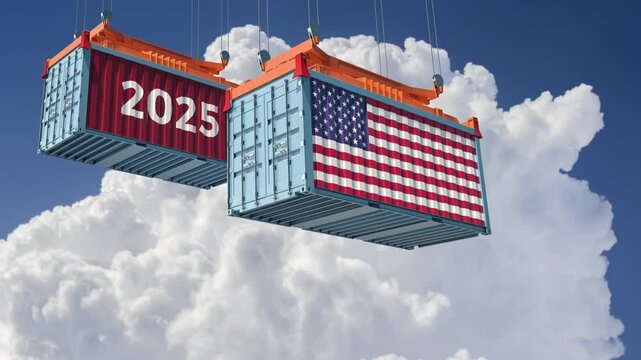 Trading 2025. Freight container with USA national flag. 3D Rendering 