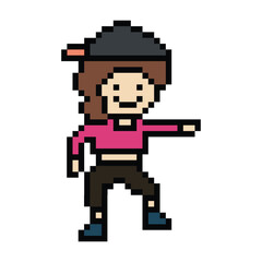 Fototapeta premium Cute cartoon pixel character cute woman exercises training dance lifestyle music decoration life style 8 bit female girl dance with music game 8bit fitness isolated PNG vector.