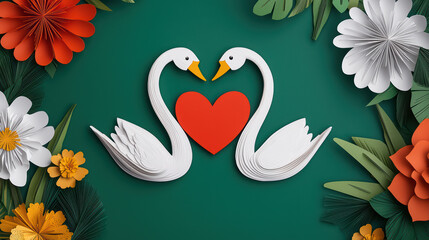 Two swans forming heart surrounded by colorful flowers