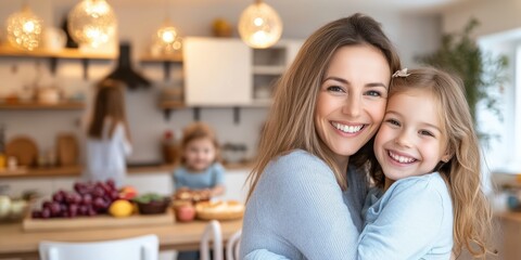 A woman and a little girl are smiling and hugging each other in a kitchen