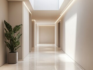 A long hallway with a plant in a pot. The plant is green and is placed in the middle of the hallway