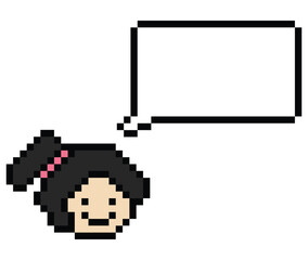 Obraz premium Cartoon pixel cute cartoon character face woman with chat blank decoration 8 bit female girl say speak discuss idea chat box cartoon pixel game 8 bit png vector.