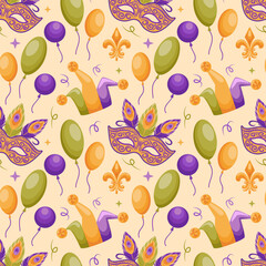A seamless pattern featuring balloons, jester hats, fleur-de-lis motifs, and carnival masks. This vibrant vector illustration is ideal for festive designs and adds a joyful touch to any celebration.