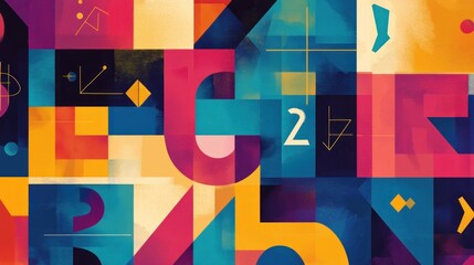 Obraz premium Abstract geometric shapes, vibrant colors, numbers, and symbols composition.